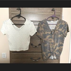 1 Crop top & 1 regular top. Army print is brand BKE and the crop top is SO.